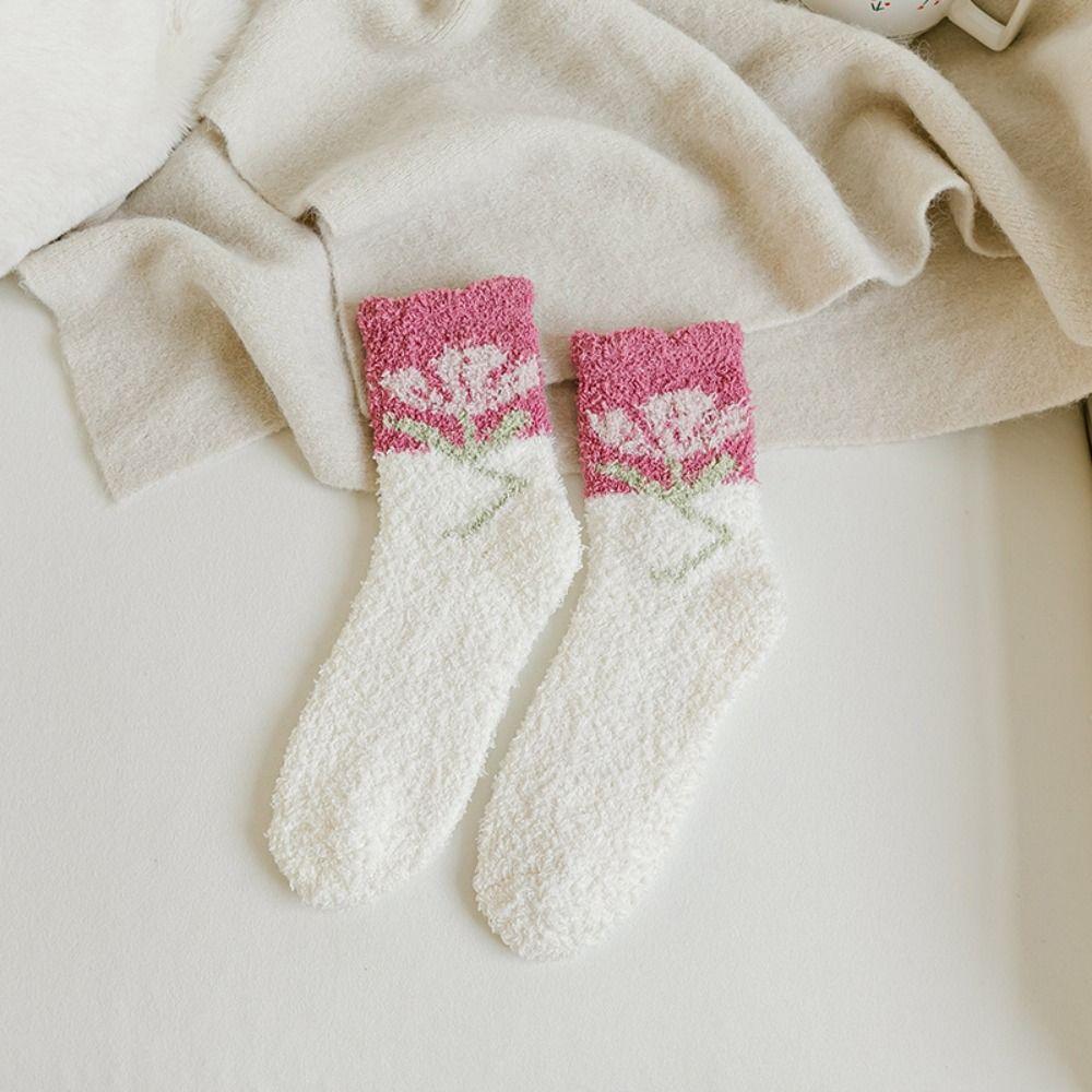 Warm Autumn Flower Trendy Tulips Pattern Sweet Thick Coral Velvet Middle Tube Korean Style Socks Female Socks