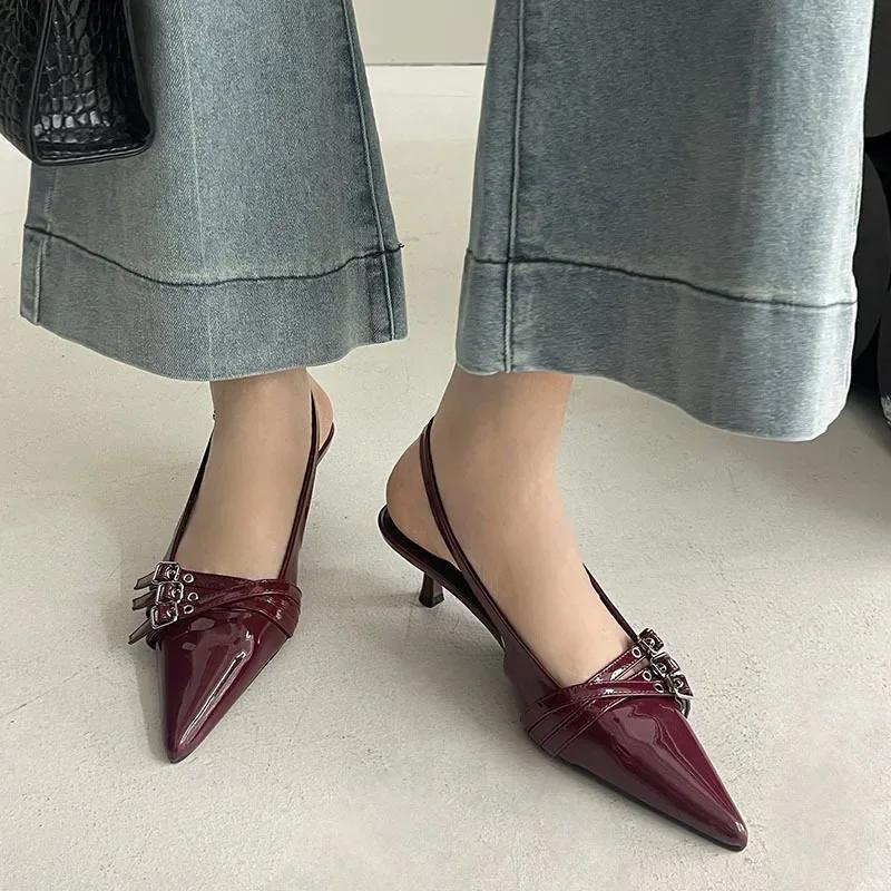 Chic French Pointed Toe Patent Leather Womens Sandals Cover Head Ankle Buckle Back Strap Thin Mid Heels Mules Shoes