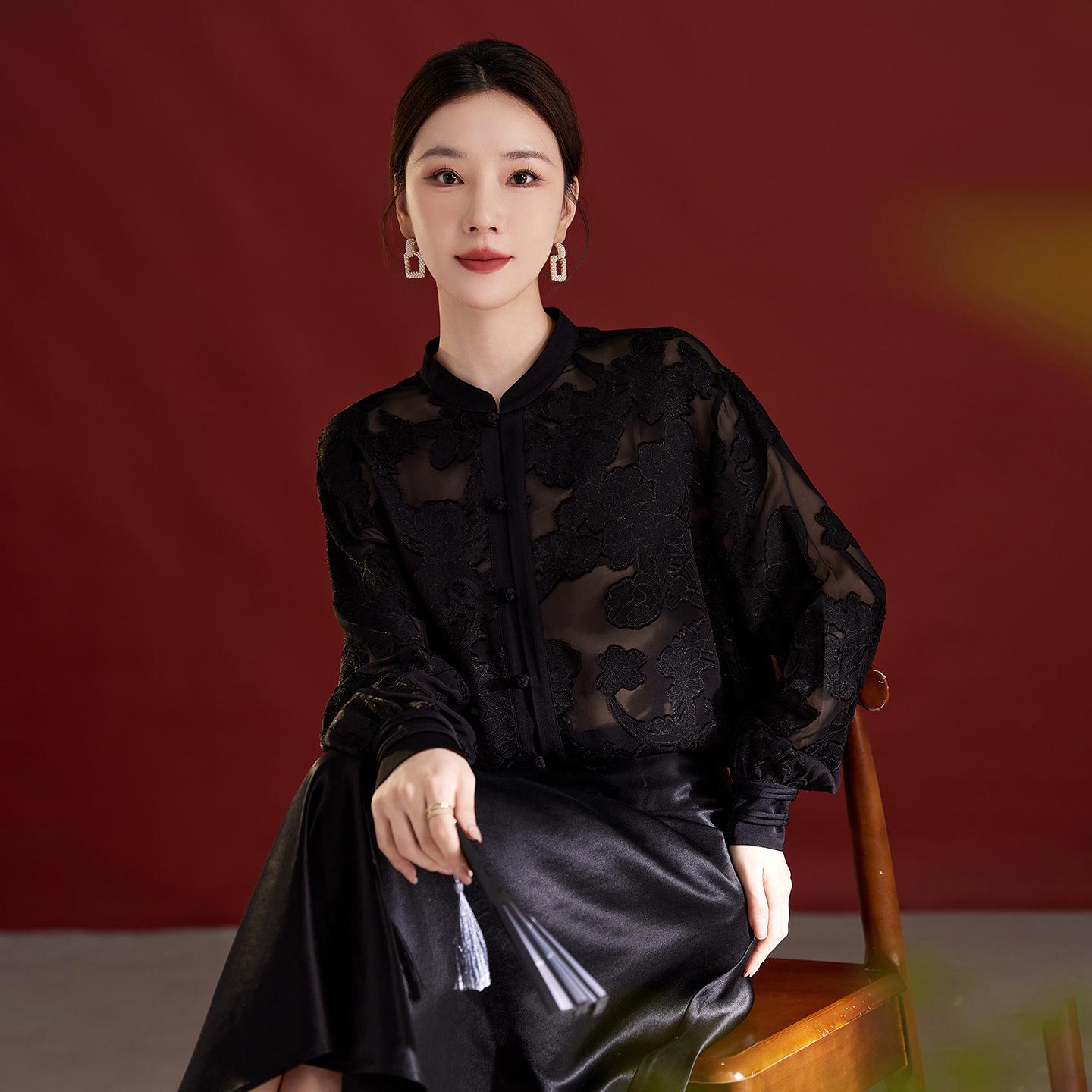 

Женский осенний французский топ для通勤 из натурального тутового шелка с новым китайским воротником-стойкой XL чёрный