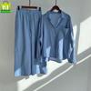 Women's Retro Plus Size Cotton Linen Shirt and High Waist Wide Leg Pants Two-Piece Set 2025