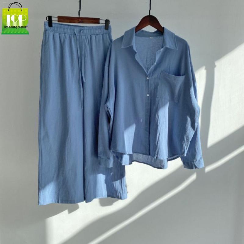Women's Retro Plus Size Cotton Linen Shirt and High Waist Wide Leg Pants Two-Piece Set 2025