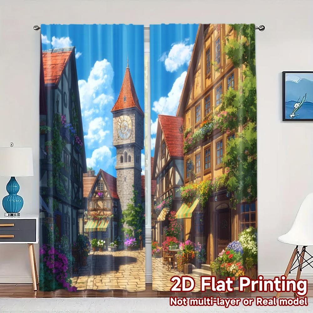 

Set Of 2 Flat Printing Curtains Without Rod Charming Village View Popular Print Polyester Holiday Curtain W100*H70(CM)-Grommet top&2PCS