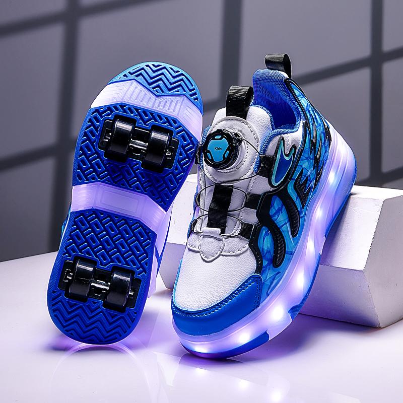 28-37 Children's Four-wheel Disassembly Into Flat Sports Shoes LED Illuminated Children's Illuminated Sports Shoes