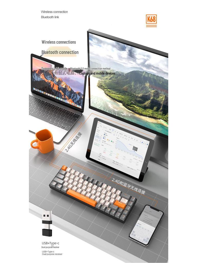 Free Wolf K68 Dual-Mode Bluetooth Mechanical Gaming Keyboard (Hot-Swappable, Russian Layout)