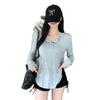 Pure Desire Grey V-neck Long Sleeve Sun Protection T-shirt for Women – Early Autumn Loose Chic Style