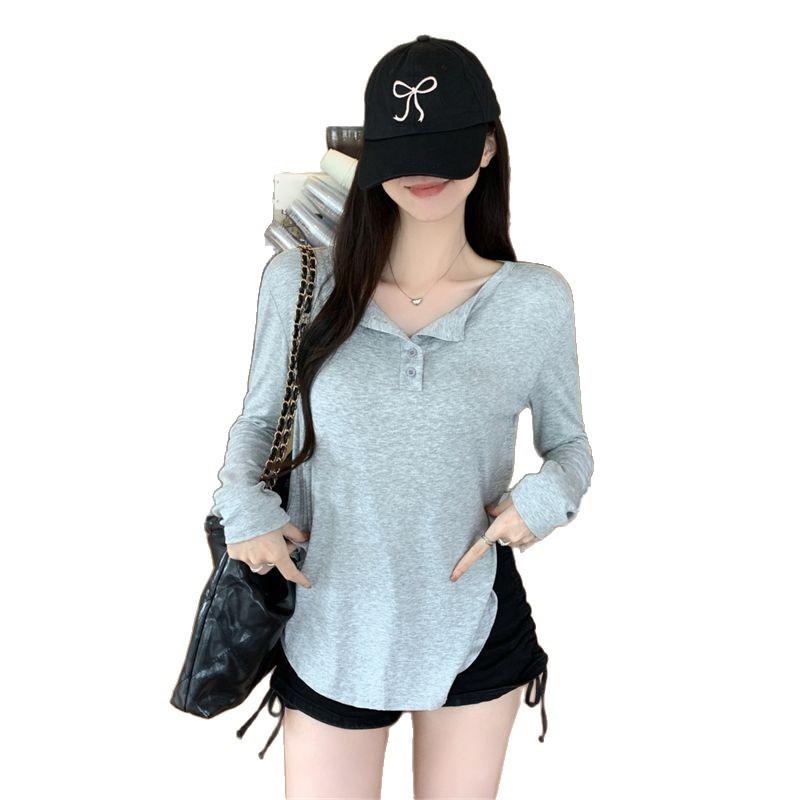 Pure Desire Grey V-neck Long Sleeve Sun Protection T-shirt for Women – Early Autumn Loose Chic Style
