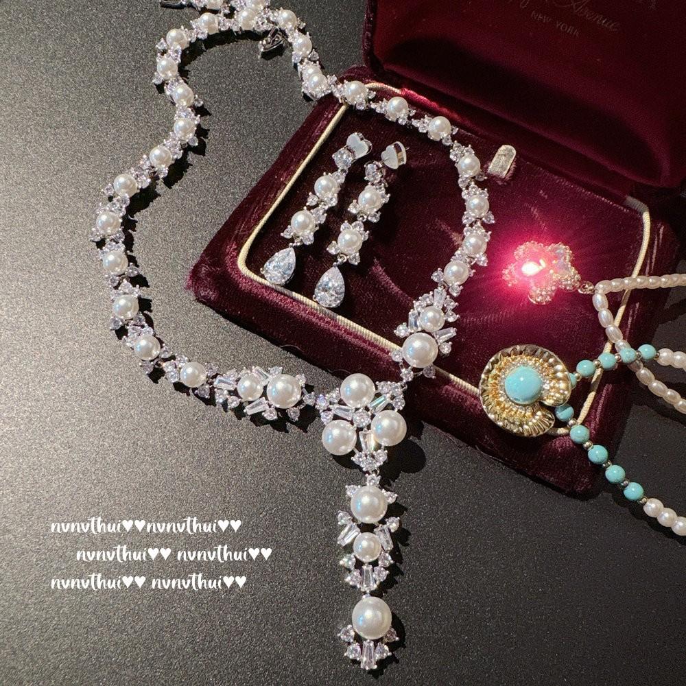 Vine Mermaid Tears, Snowflake Gem Pearl Necklace Vintage Plated 18K Gold, Colorful Star Pearl Necklace