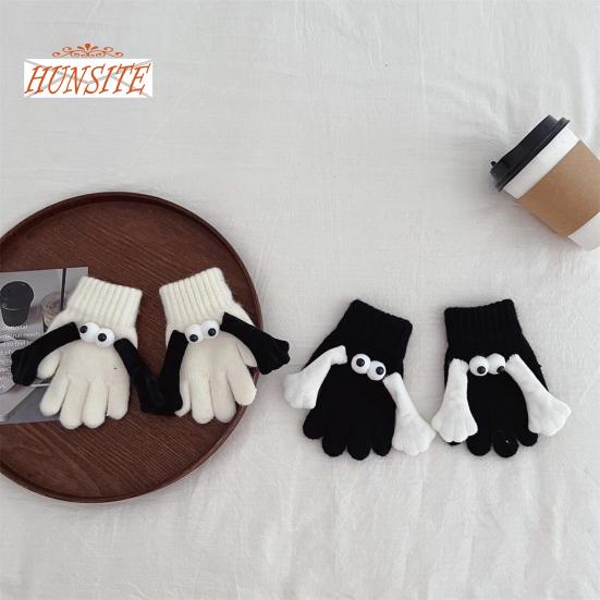 1 Pair Linking Couple Gloves, Magnetic Suction, Knitted Full Fingers, Funny Big Eyes, Winter Warm Gloves