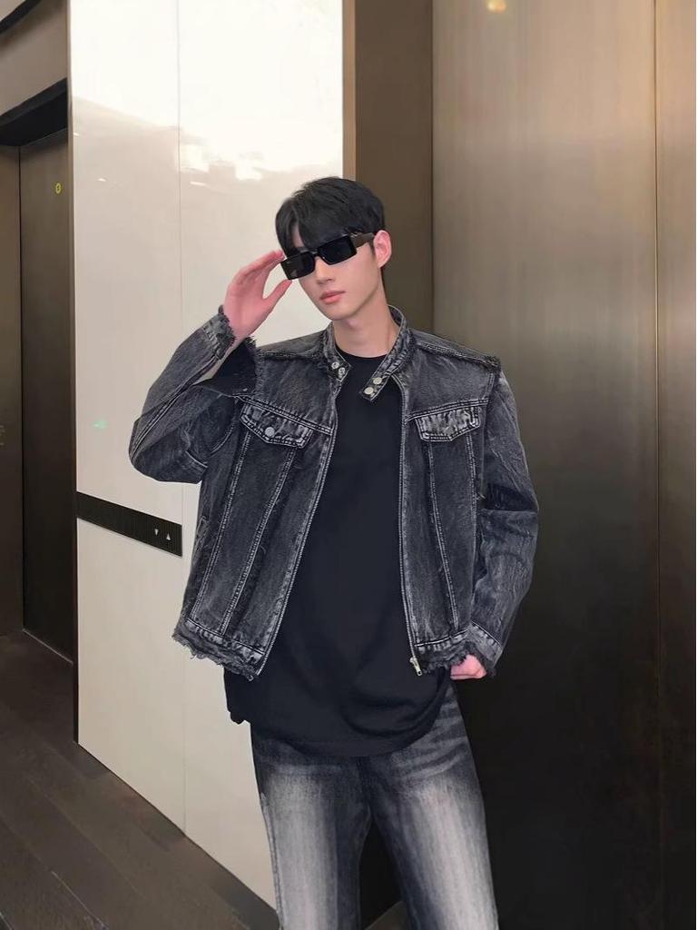 Herren High-End Distressed Denimjacke - Frühling & Herbst Schulterpolster Motorradstil