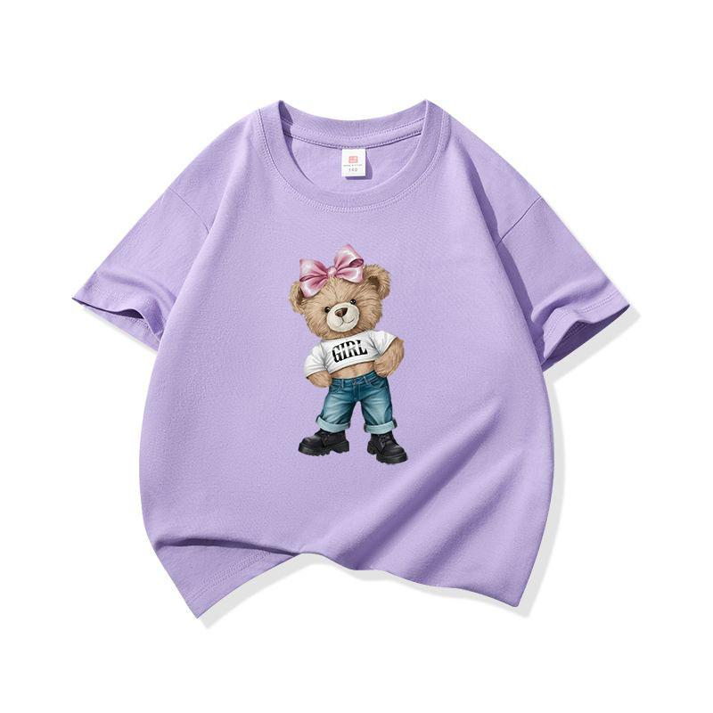 Girl Bear With Pink Bow Graphic Tee Kids Pure Cotton Crew Neck T Shirt Short Sleeve Muticolor Tops For Boys Girls Children
