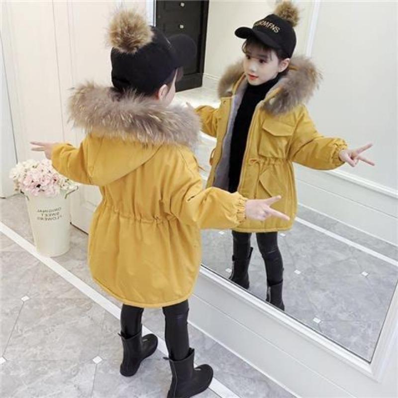 

Зимняя куртка-пуховик для девочек с цветочным принтом, хлопковое пальто средней длины для детей с капюшоном 130 жёлтый