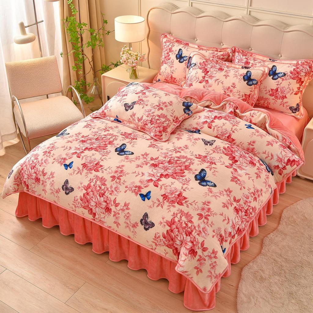 Thickened Milk Fleece Four-Piece Set Of Gold Mink Fleece Double-Sided Fleece Coral Fleece Bedding Fleece Quilt Cover, Bed Sheet Anti-Static