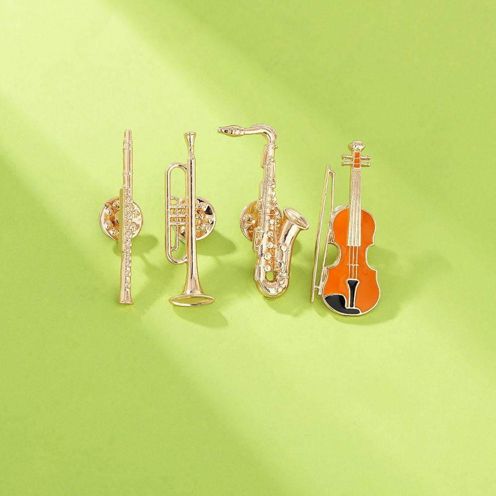 Funny Musical Instruments Enamel Brooches Trumpet Clarinet Saxophone Violin Shaped Golden Pins Symphony Orchestra Badge