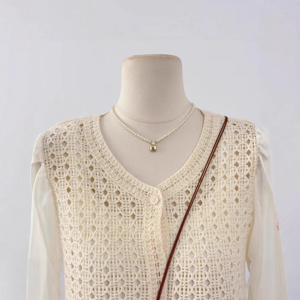 Ethnic Style Hollow Hook-up Splicing Bubble Sleeve Knitted Sweater Summer Thin Round Neck Age-reducing Loose Short Top Women