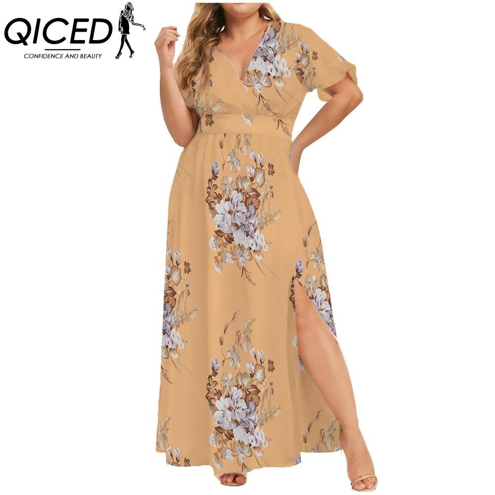 QICED L-5XL Dame Mote Sommer Vår Kortermet V-hals Hverdags Kjoler