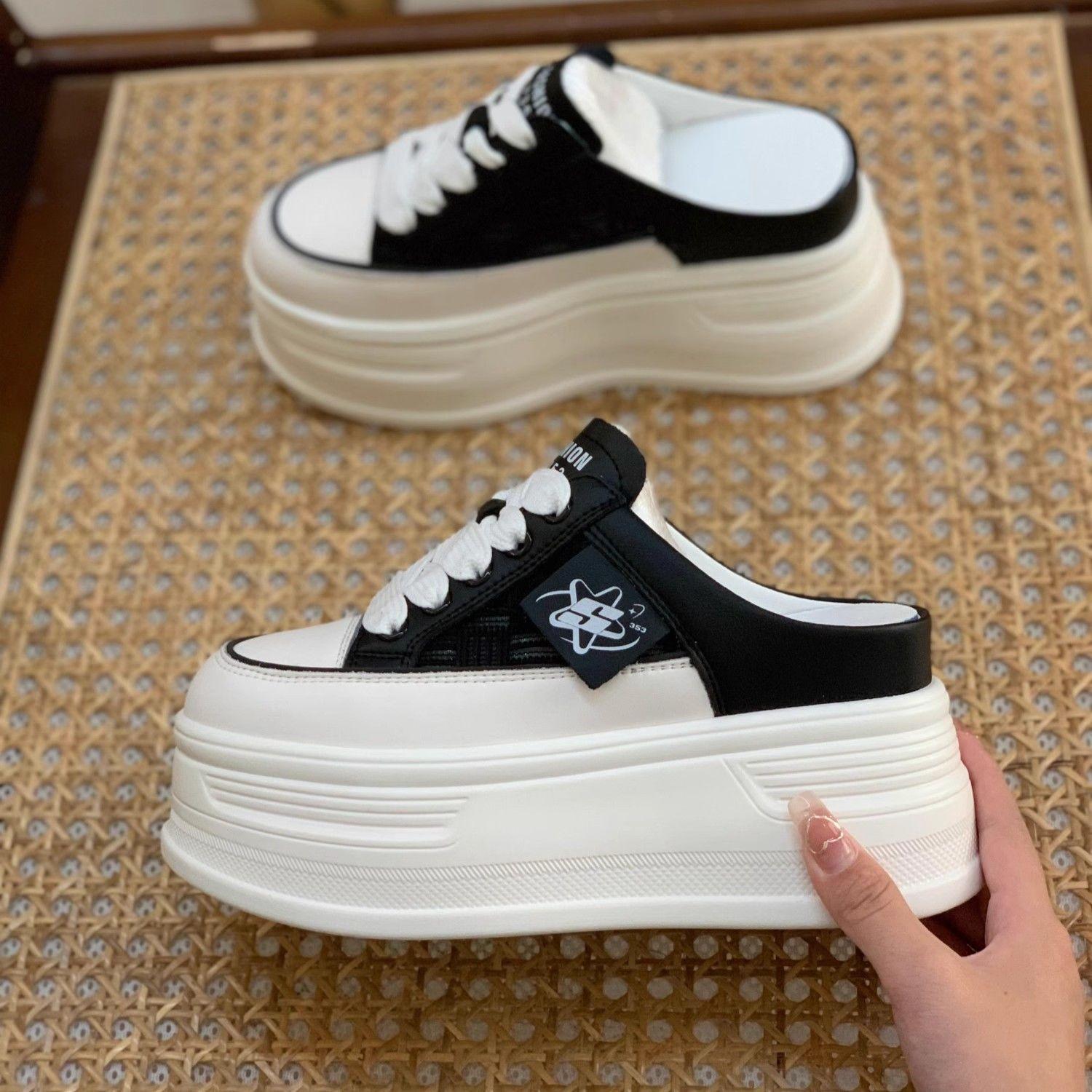 

Thick-soled slippers for women and small people increase the height of 8cm muffin bag head thin slope heel 2025 summer popular Internet celebrity 40 чёрный