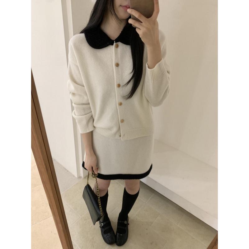 Korean Style Elegant Two-Piece Set: Lapel Color Block Sweater & Slimming Bodycon Skirt One Size абрикосовый