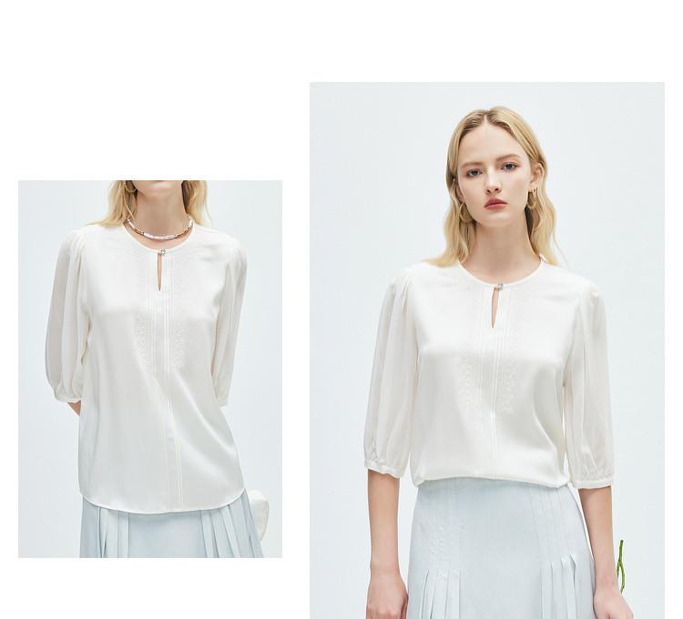 One Button: 26 Spring/Summer Design, Round Neck, Fashionable Jacquard, Mulberry Silk Shirt for Women