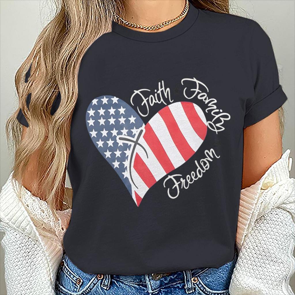 Womens Unisexs Faith Family Freedom T Shirts Fashion Vintage American Flag Heart Graphic Tee Casual Summer Short Sleeve Tops