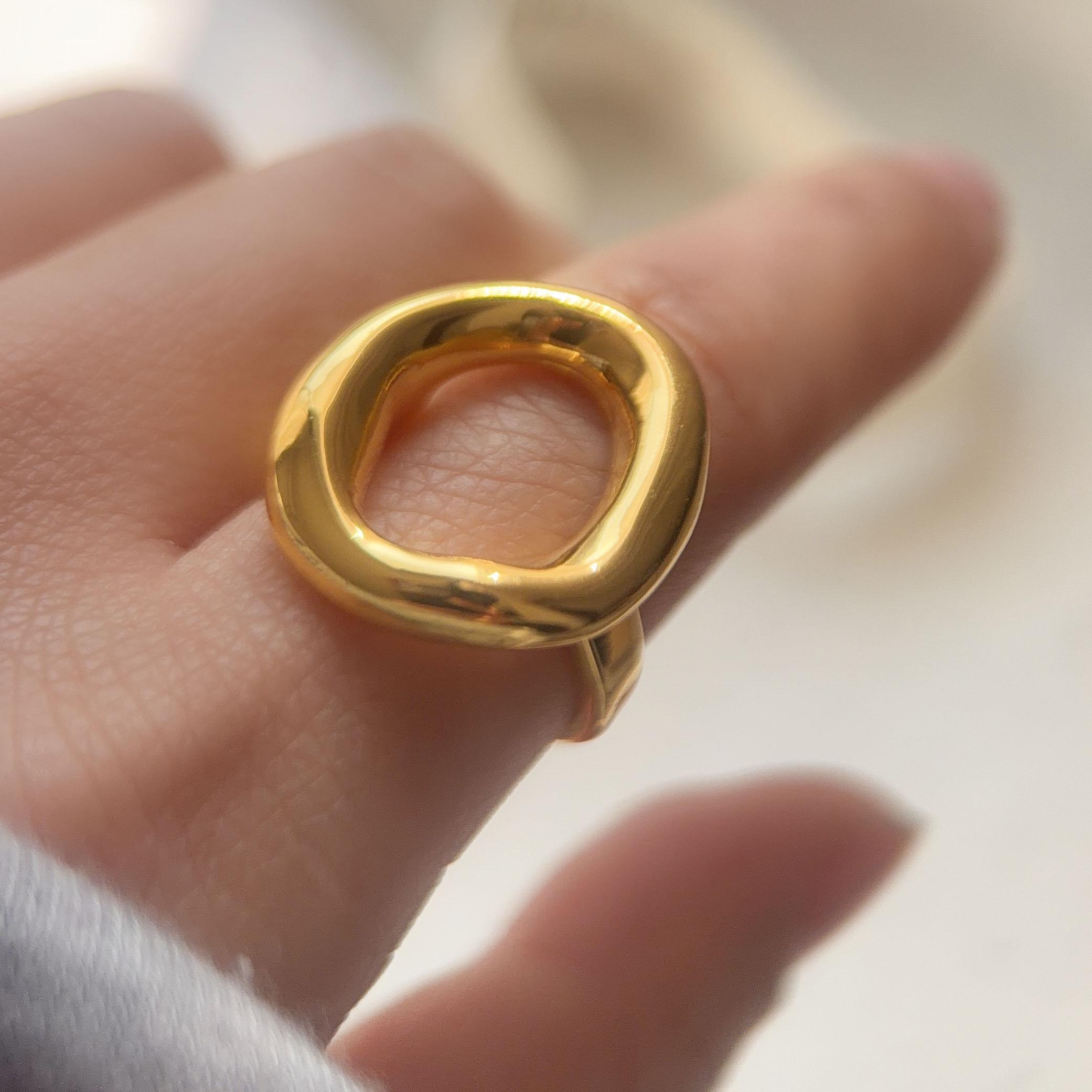 

925 Sterling Silver Rings for Women Couple Minimalist Handmade GOld Hollow Round Ring Fine Jewelry Gift Prevent Allergy resizable