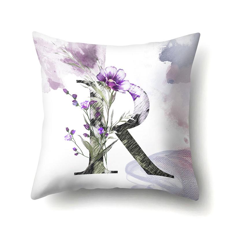 Polyester Pillowcase Home Watercolor Flower Print Pillowcase 26 English Letters Bedside Cushion Cover
