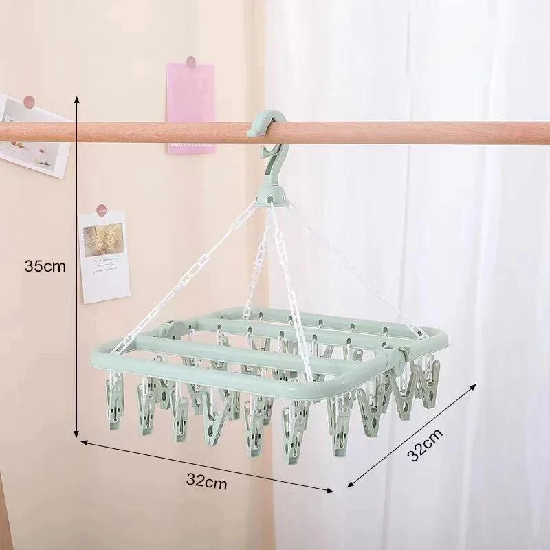 Clothes Drying Hanger 32 Clips Underwear Laundry Rack Foldable Socks Bracket Storage Organizers Windproof Clothes Horse Supplies