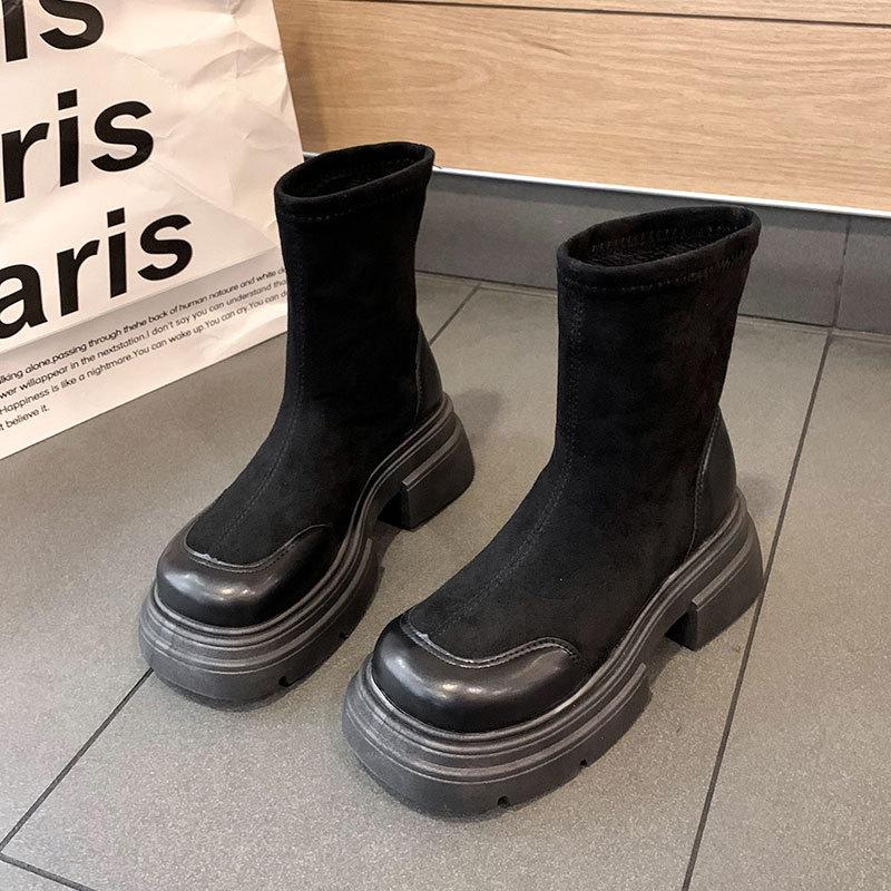 Platform Short Boots Women's New Autumn and Winter Elastic Thin Boots Retro British Martin Boots Chelsea Single Shoes