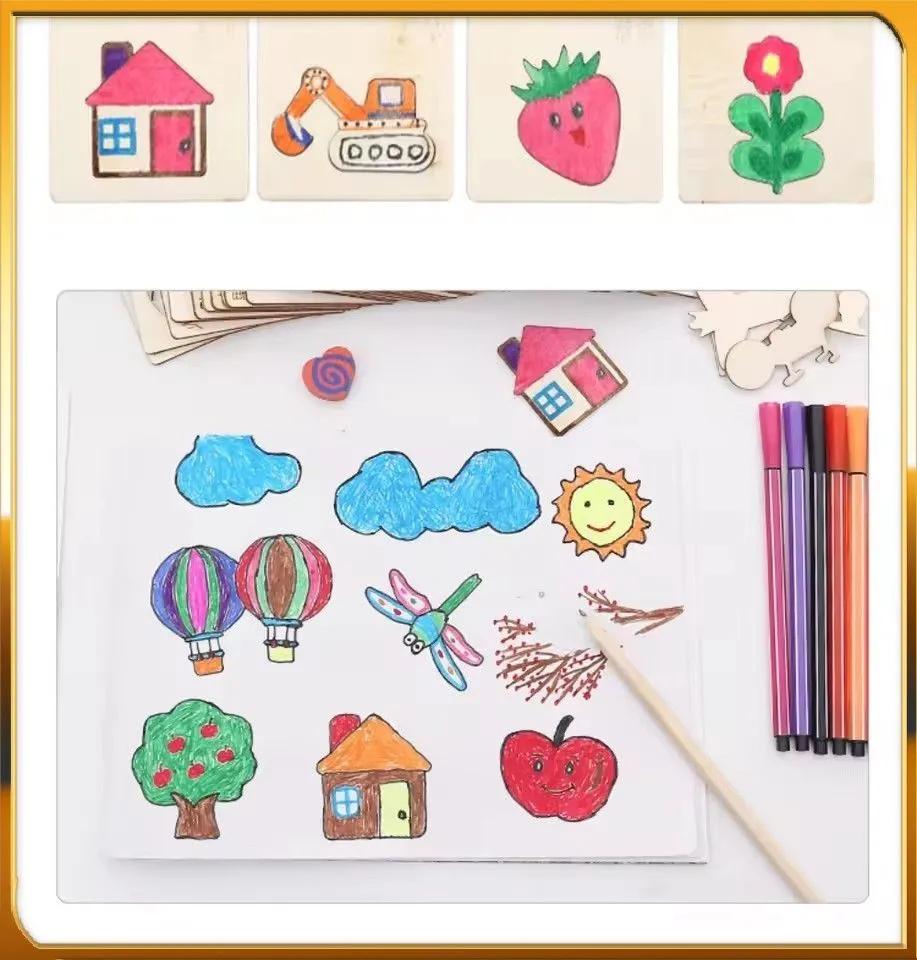 Zufällige 32 Stück Kinder Holz Zeichenspielzeug DIY Malvorlagen Schablone Bastelspielzeug Puzzle Lernspielzeug für Kinder Geschenke