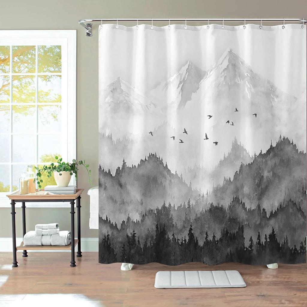 Watercolor Mountain Forest Shower Curtain,Nature Misty Foggy Sage Green Tree Landscape Art Shower Curtains with 12Hooks Bathroom