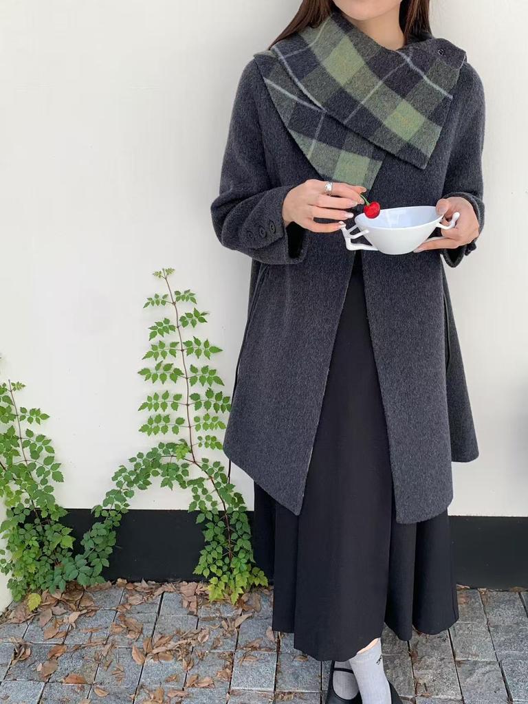 Women's Mid-Length Double-Faced Wool Coat with Detachable Plaid Collar and Tie-Waist