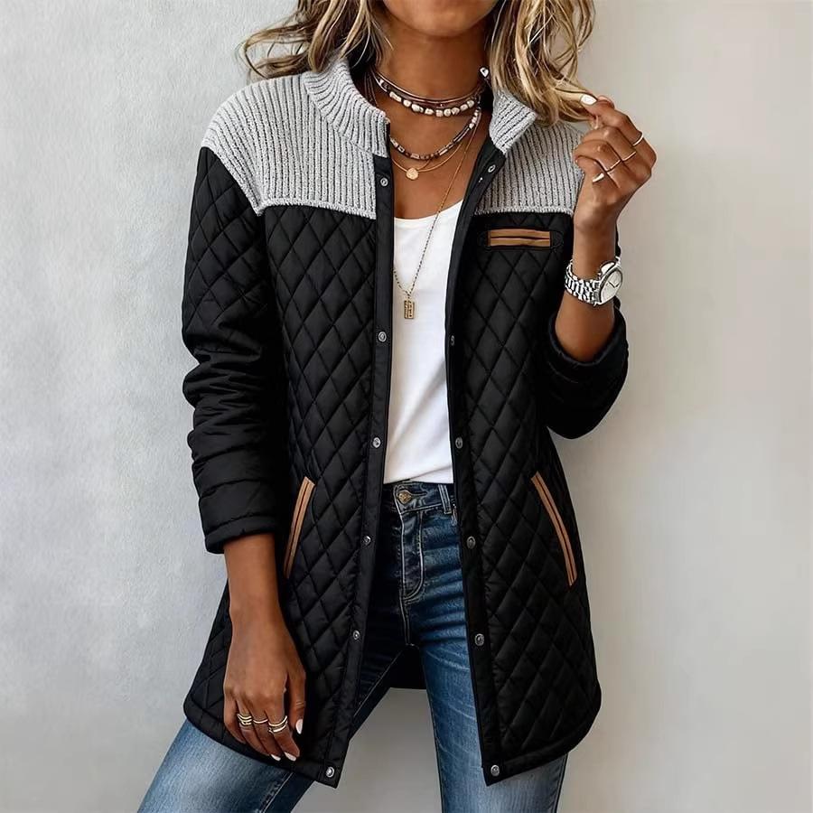 Women's Round Neck Long Sleeve Quilted Jacket Loose Fit Casual Patchwork Color Block Coat