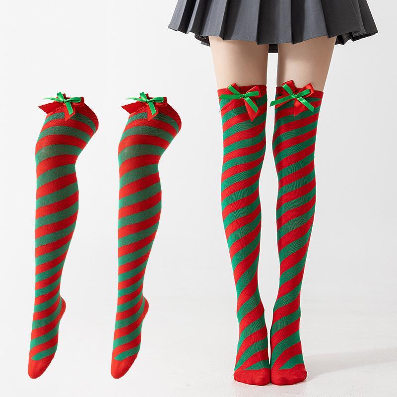 1 Pair Double Bow Decor Striped Over Knee High Socks Soft Skin-friendly for Girls Cosplay Halloween Costume Wear