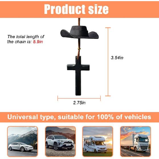 Zpana Cowboy Hat Car Hanging Charm with Cross, Felt Miniature Western Country Vehicle Rear View Mirror Pendant, Cute Mirror Decor Ornament, Universal