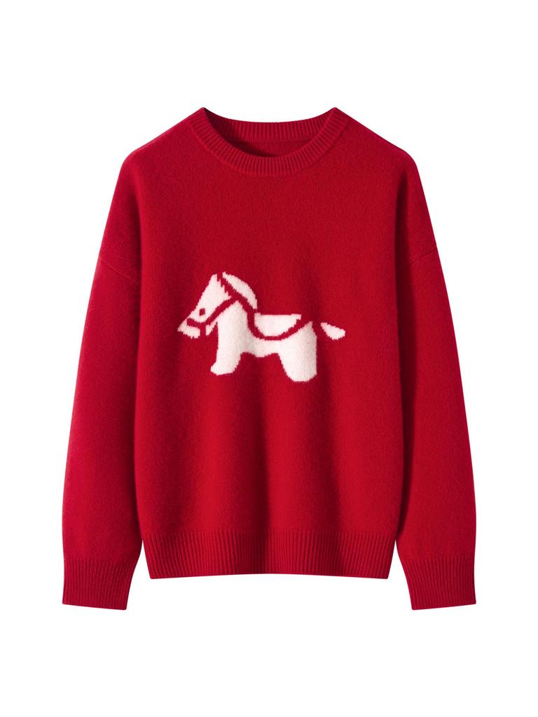 100% Wool New Year Sweater with Little Horse Pattern, Thickened Red Knit Pullover