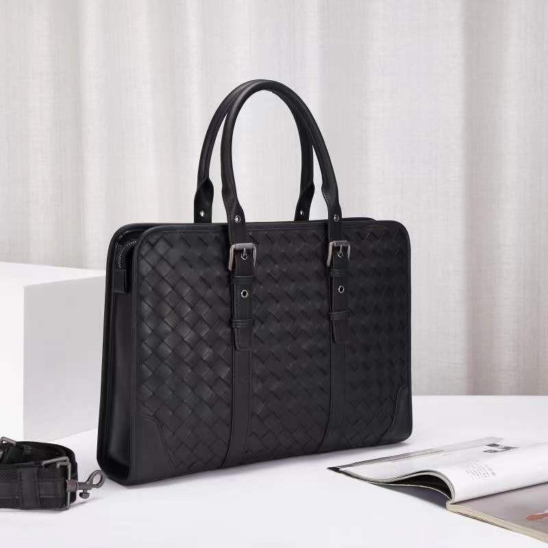 Genuine Leather Woven Briefcase Men - Business Tote With Laptop Compartment Crossbody Shoulder Strap