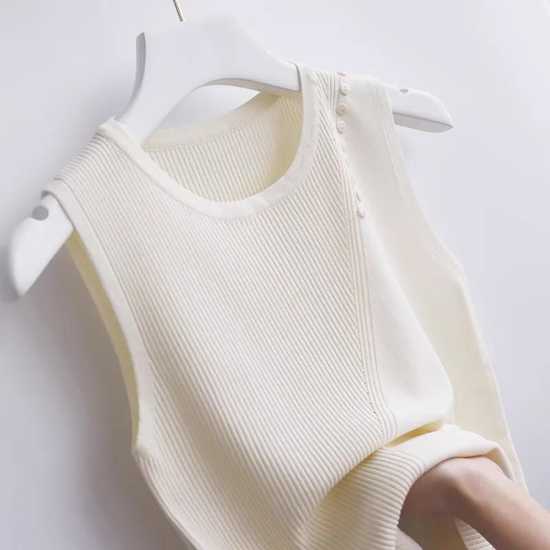 WTEMPO Women Spring Summer Knitted Camisole Vests Outerwear Loose Short Base Shirts Stylish Round Collar Sleeveless Tops