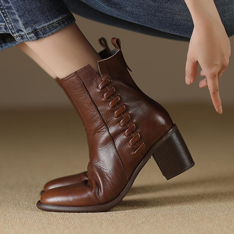 Fashion 2024 NEW Autumn Women Boots Genuine Leather Shoes for Women Round Toe Chunky Heel Zipper Modern Boots Handmade Short Boots