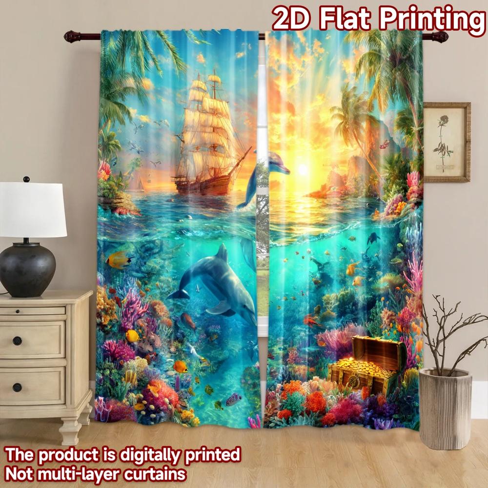 2D Flat Printing 2pcs Curtain Dolphins Jumping Ship Coral Digital Printed Polyester Drapes Party Decorations Use for Holiday