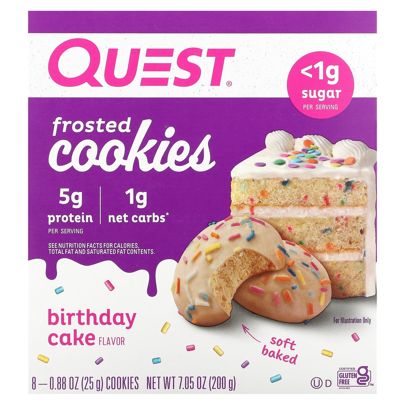 

Quest Nutrition, Frosted Cookies, Birthday Cake, 8 cookies, 0.88 oz (25 g) each
