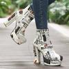 Womens Short Boots Graffiti Print Square Heel Thick Side Zip Ankle Size 34-43