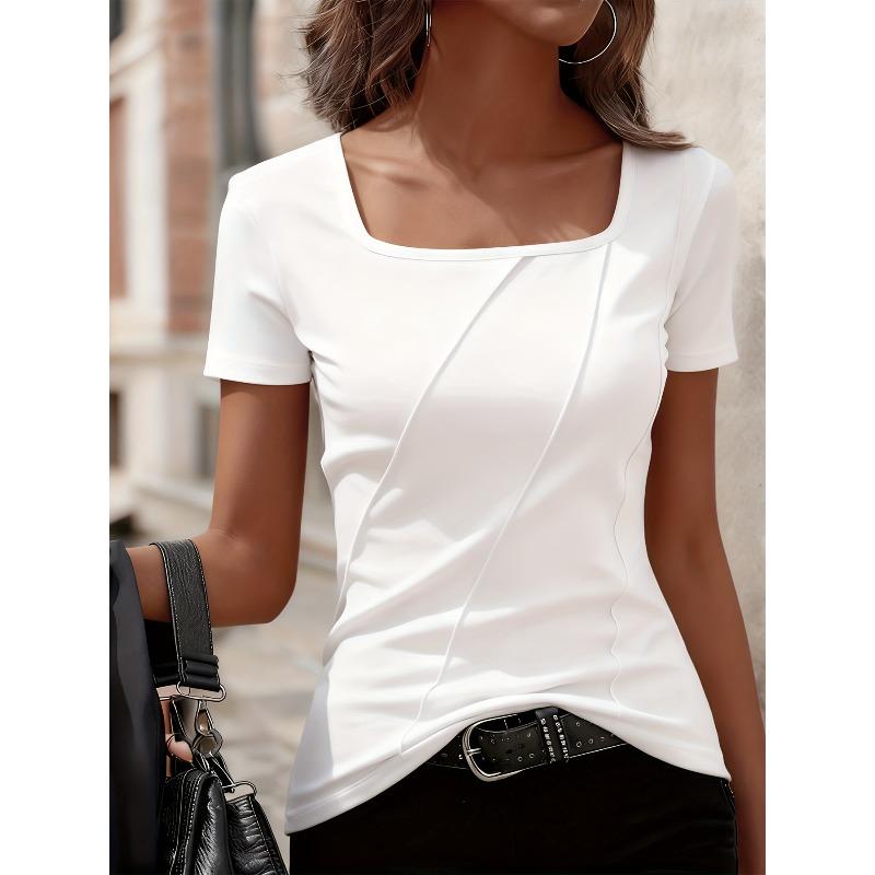 women's Square Neck Ruched Detail Solid Color Short Sleeve Slim Fit T Shirt Casual Basic Top