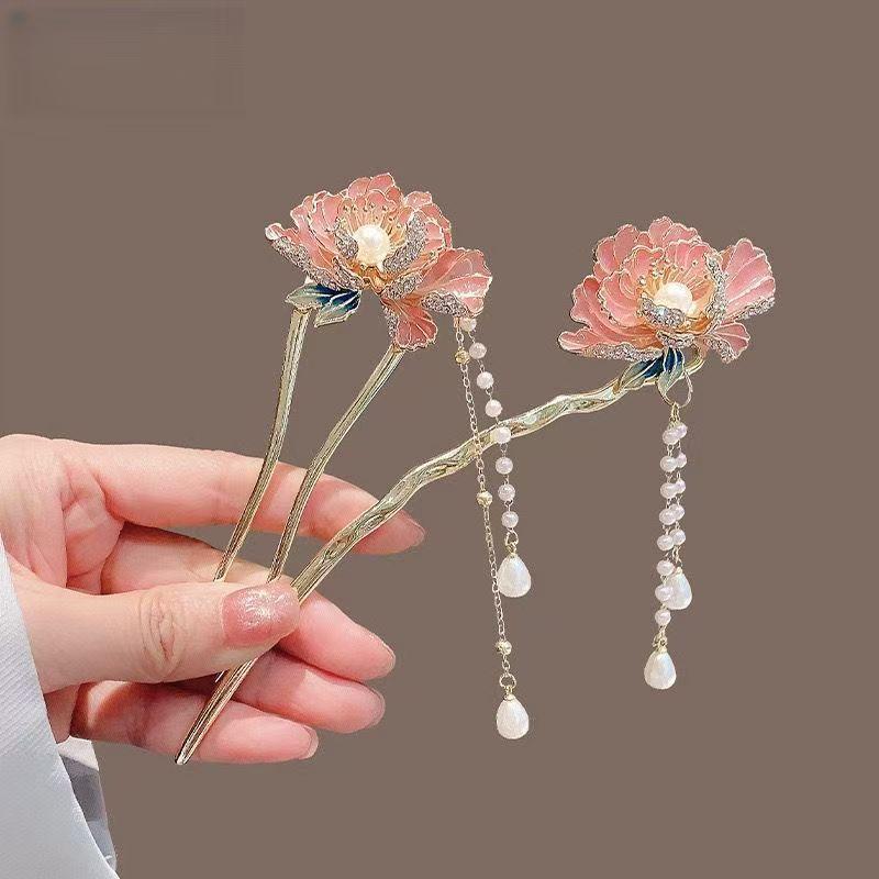 Chinese Style Peony Flower Hairpin Womens New Chinese Style Tassel Hair Accessories