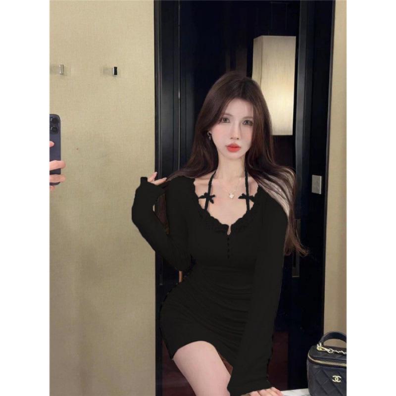 Women s Sexy One-Shoulder Halter Lace Bodycon Dress, Spring/Autumn, Off-White Niche Design Medium чёрный