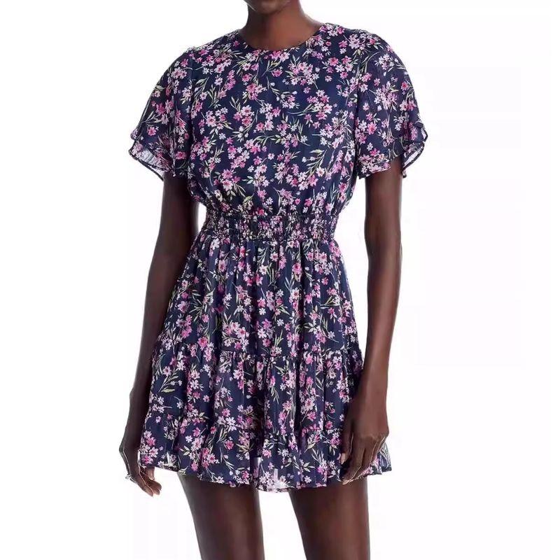 

Foreign Trade Order AQ Elegant Elegant Bright Silk Shiny and Exquisite Print Elastic Waist Design Slimming Big Hemline Dress Pink Blue 2XL