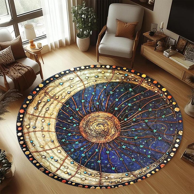 Round Sun Moon Carpet Starry Sky Rug Cloud Wave Mat Home Decoration Whimsical Cosmos Soft Floor Mat for Kids Room Decoration