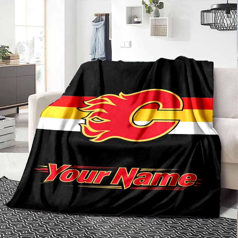 Name Custom Calgary Flames Logo Print Flannel Blanket High Quality Warm Comfortable Cover for All Seasons Perfect for Gifts Home Decor