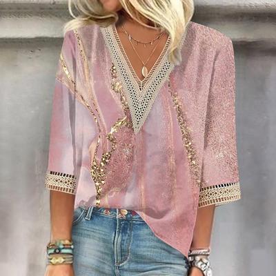 Lace Panel Collar Tops Women's Blouses Women's Casual Daily Tops 3/4 Sleeve V Neck Fashion Printed Shirts Lace Tops T-Shirt Pullover Tops