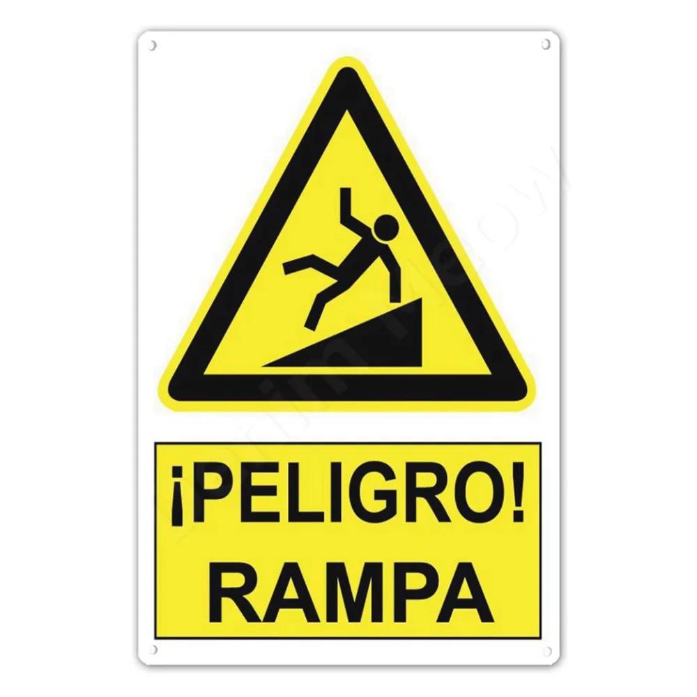 Spanish Warning Sign, Danger Metal Sign for Street, Yard, Bar, Workshop Decor, Yellow Waterproof Caution Signs, Outdoor Indoor