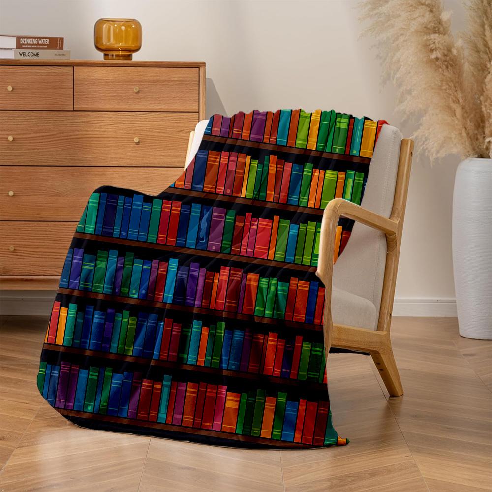 1Pc Monet-Inspired Bookshelf Print Plush Blanket - Thick All-Season Soft Bedspread With Multicolor Book Pattern (Monet'S Library