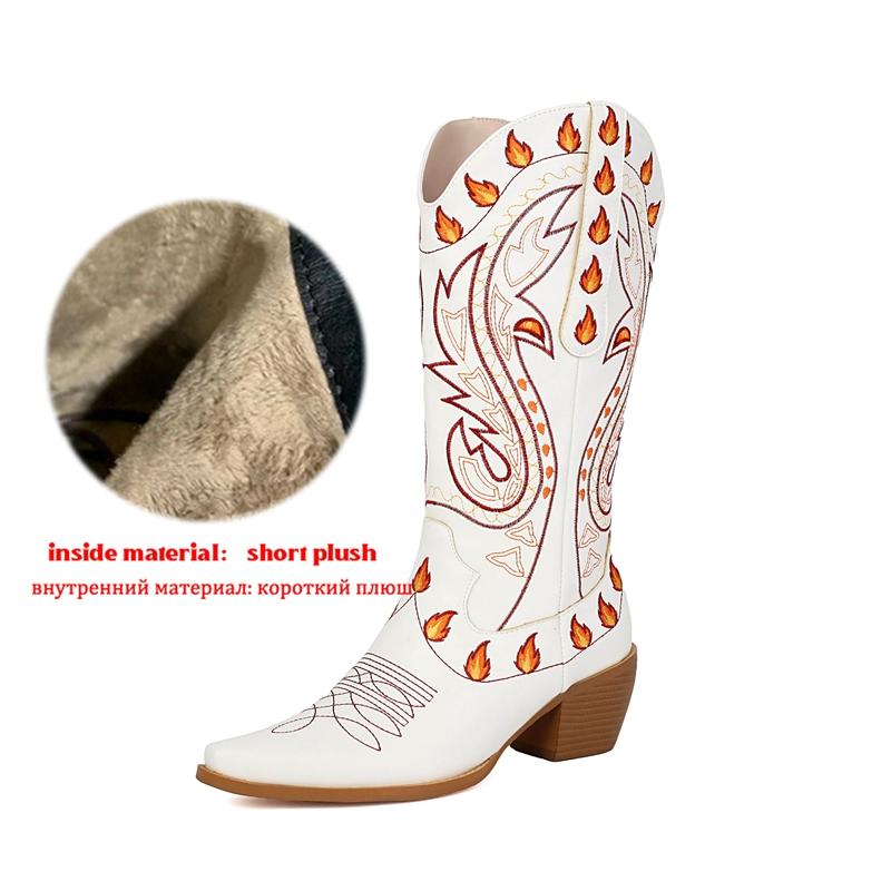 Krazing Po Polyurethane Winter Pointed Toe Western Boots Size 43 Sewing Embroidery Thick Heels Mid-calf Boots